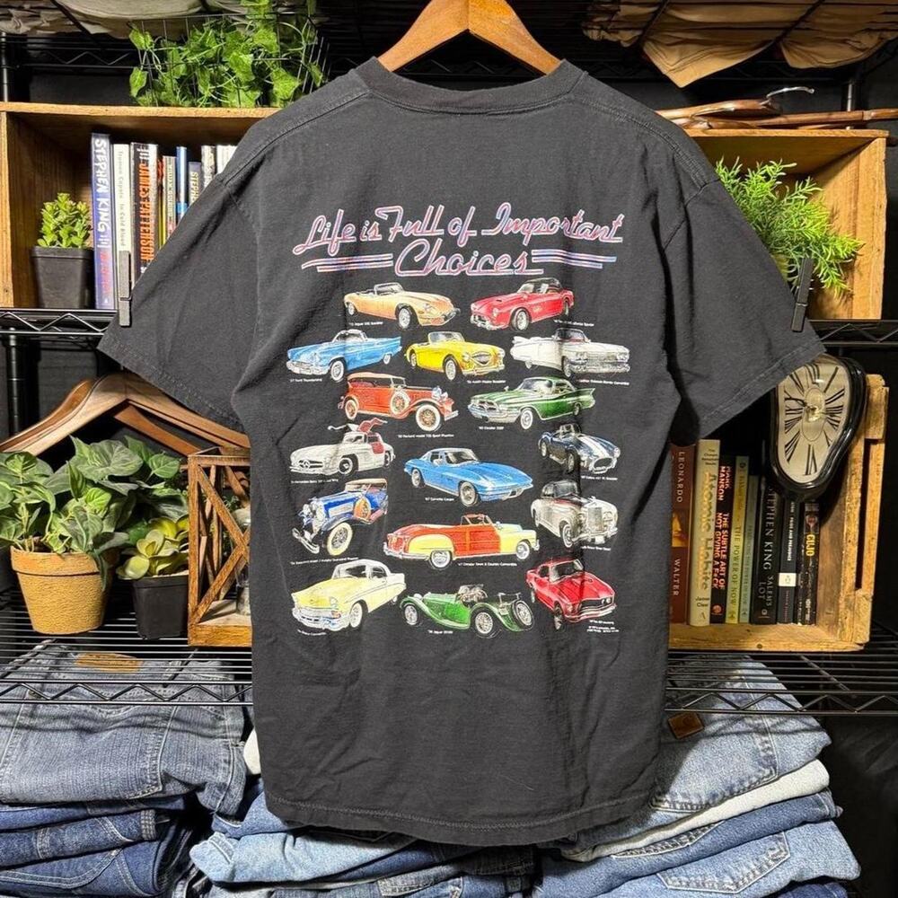 Vintage 90s Famous Cars "Important Choices" Tee Shirt Mens Large Black Corvette